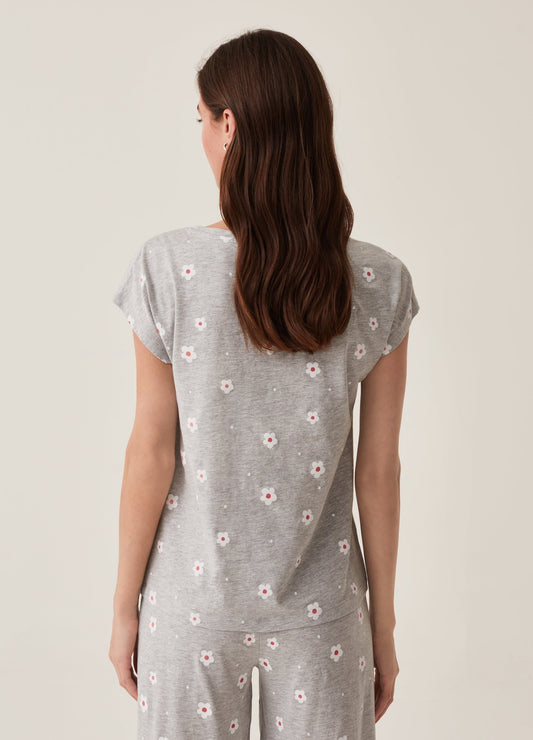 Pyjama top in cotton with flower and polka dot print