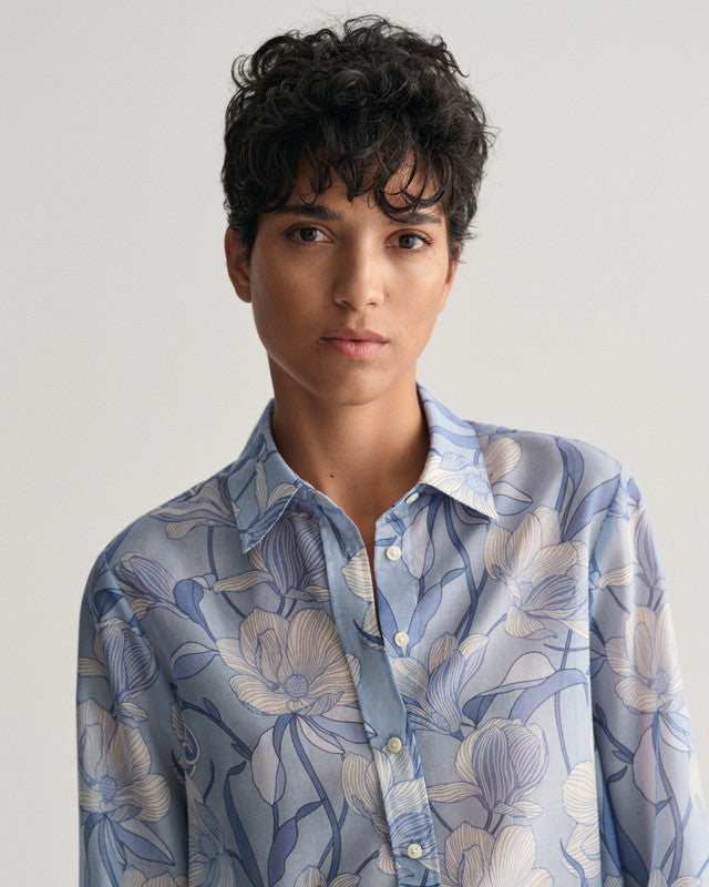 Regular Fit Magnolia Print Cotton Silk Shirt