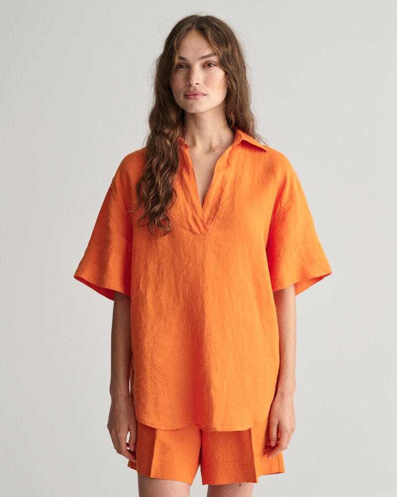 Relaxed Fit Linen Popover Short Sleeve Shirt Pumpkin Orange / 32