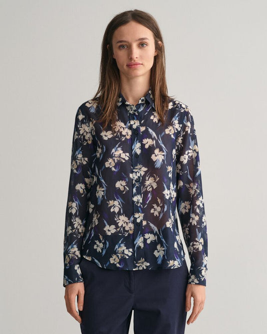 Regular Fit Floral Print Cotton Silk Shirt Evening Blue / 32