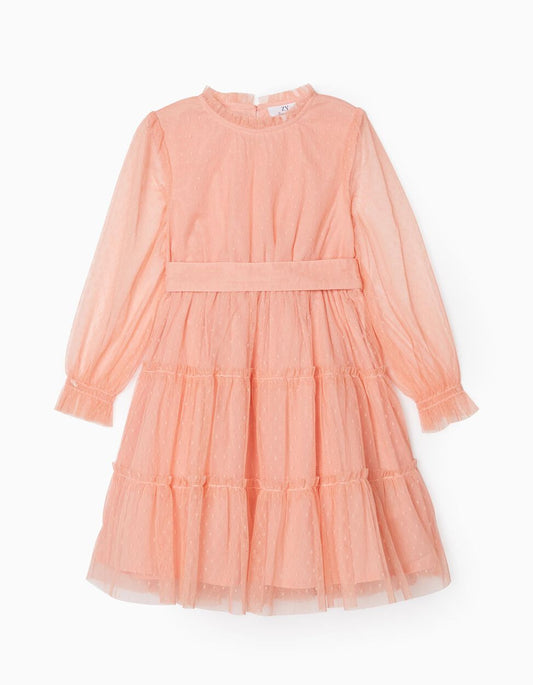 Zippy Tulle Dress With Ruffles For Girls, Coral