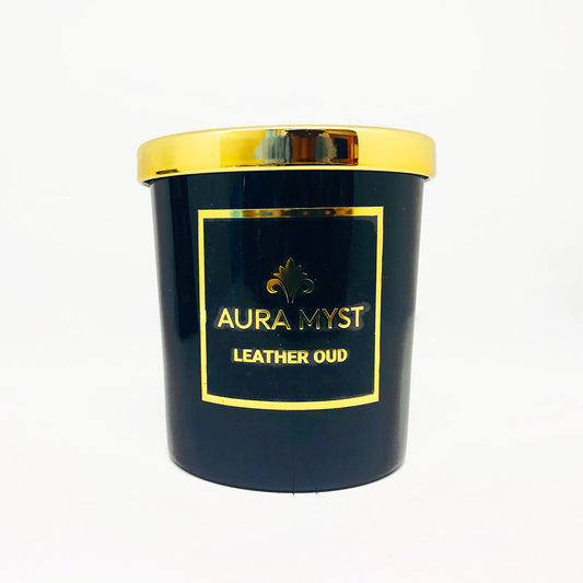 Aura Black Glass Jar Candle With Gold Lid Leather Oud