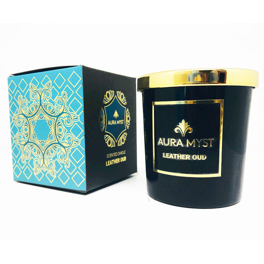Aura Black Glass Jar Candle With Gold Lid Leather Oud