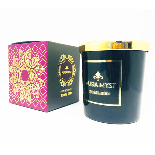AURA MYST Black Glass Jar Candle With Gold Lid Royal Oud