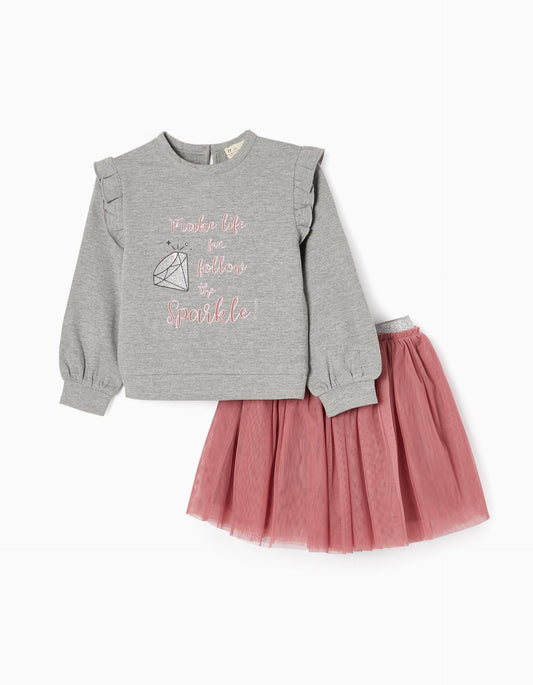 Zippy Set Sweatshirt + Tutu Skirt For Girls 'Sparkle', Grey/Pink