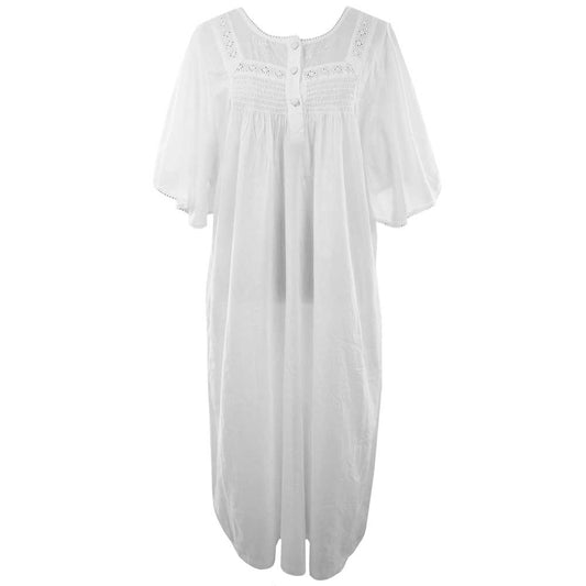 Powel Craft Serenity Embroidered Button Bat Wing Night Dress - White