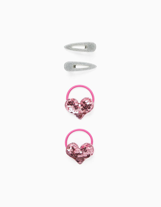 Zippy 2 Bobbles + 2 Hair Pins For Babies And Girls 'Hearts', Pink/Silver