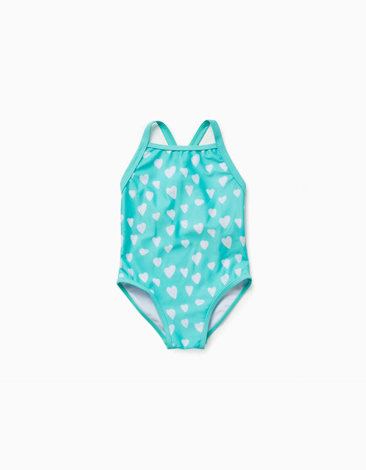Baby Girl Aqua Green Swimsuit With Heart Pattern