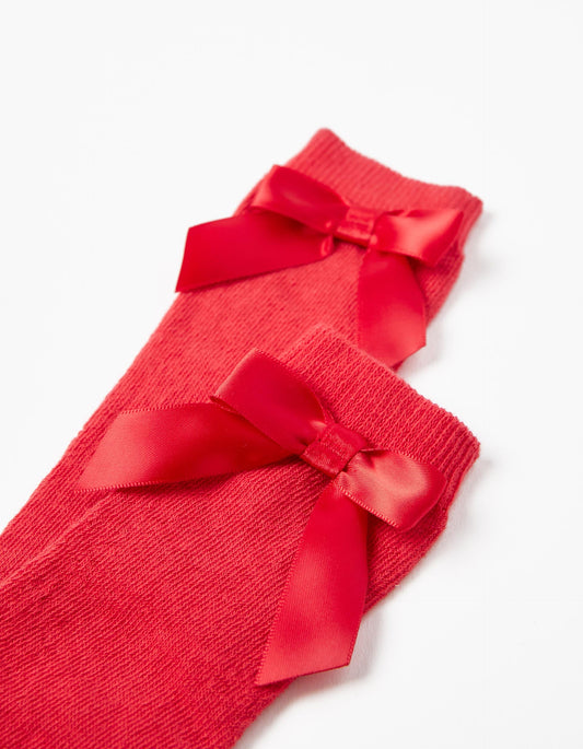 Zippy Knee-High Socks With Satin Bow For Girls, Red