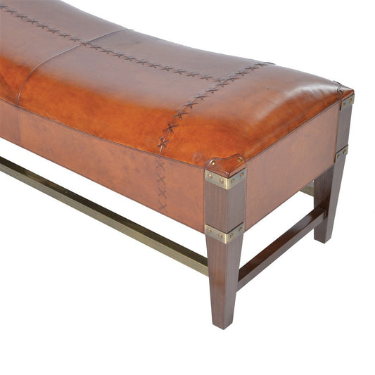 Tan Leather Shaped Bench H:460mm W:1220mm D:470mm