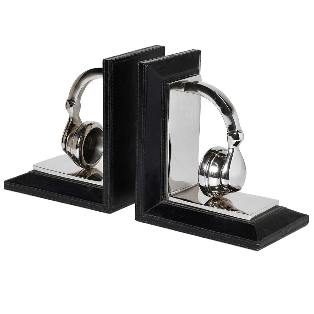 Leather Bookends - Black & Silver H:210mm W:190mm D:130mm