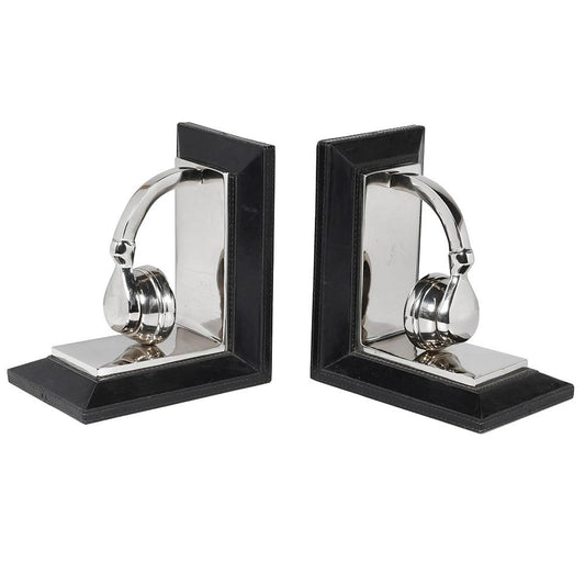 Leather Bookends - Black & Silver H:210mm W:190mm D:130mm