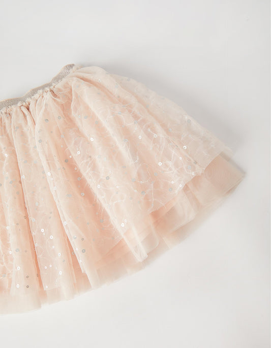 Girls Light Pink Voluminous Tutu Skirt With Silver Sequins