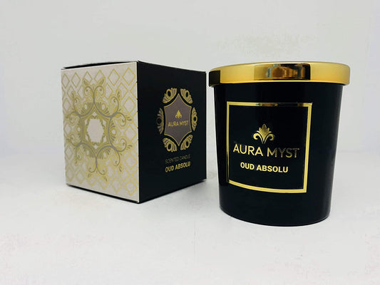 AURA MYST Black Glass Jar Candle With Gold Lid Oud Absolute