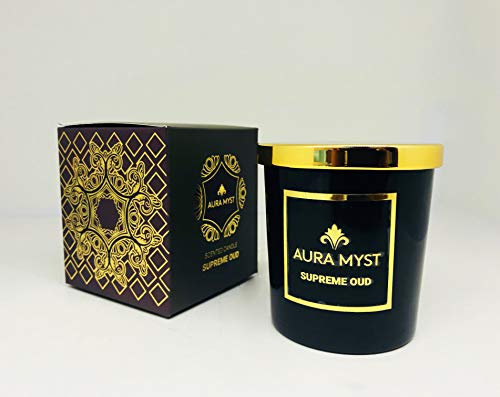 AURA MYST Black Glass Jar Candle With Gold Lid Supreme Oud