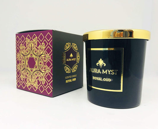 AURA MYST Black Glass Jar Candle With Gold Lid Royal Oud-Black - 200g (33hrs)